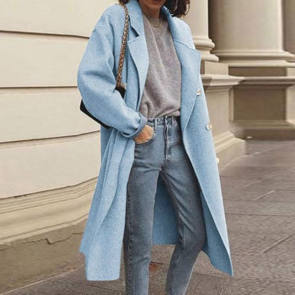 

women's wool & blends faux elegant thin coat trench jacket ladies slim long overcoat outwear vintage sleeve pockets female outerwear, Black