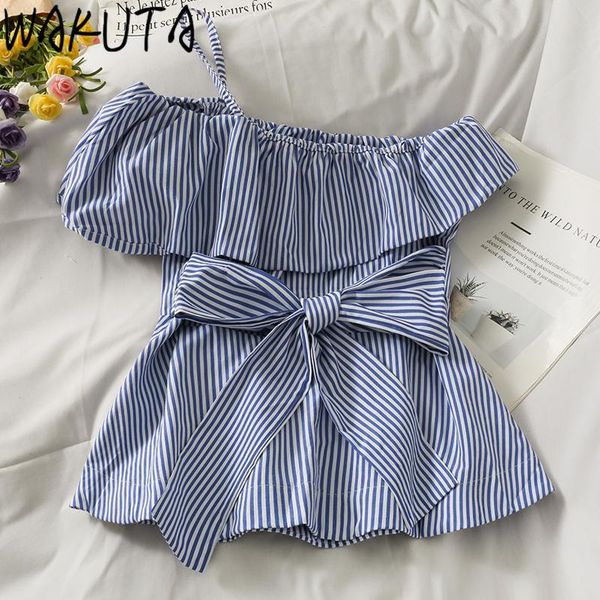 

women's blouses & shirts wakuta striped bow bandage slim waist slash collar women 2021 summer casual srew neck chic ruffles camis blous, White