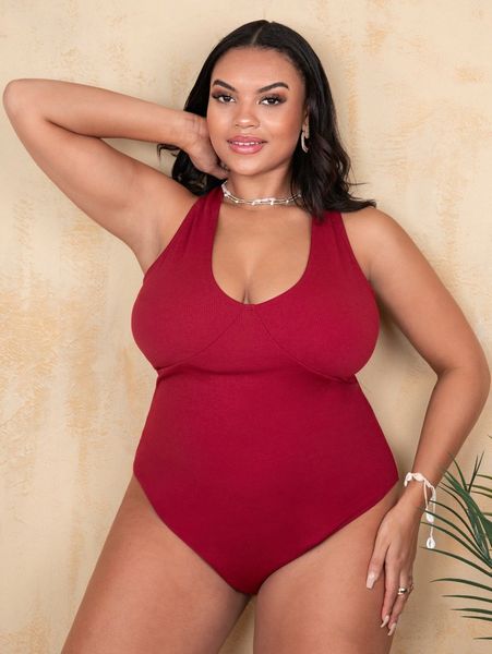 

plus rib one piece swimsuit 89qk#, Black