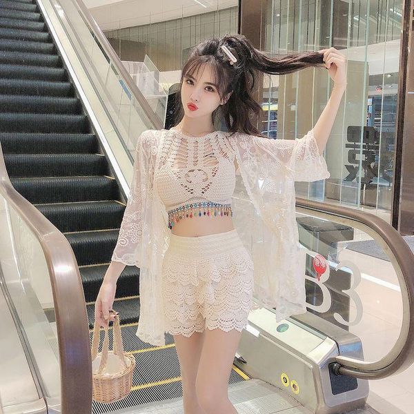 

women's swimwear small fragrance suit goddess cardigan suspenders shorts fashion foreign style three-piece, White;black