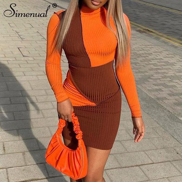 

casual dresses simenual patchwork ribbed mock neck elegant mini dress long sleeve fall 2021 bodycon tight women knit clubwear fashion, Black;gray