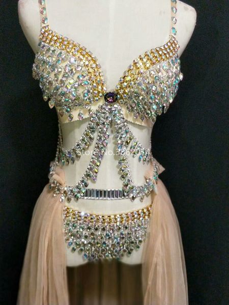 

sparkly colorful rhinestones bra short sets long tail female singer dance costume nightclub bikini outfit party stage wear, Black;red