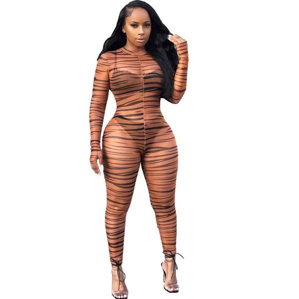 

women's jumpsuits & rompers women bodycon clubwear leopard long sleeves mesh sheer party streetwear jumpsuit, Black;white