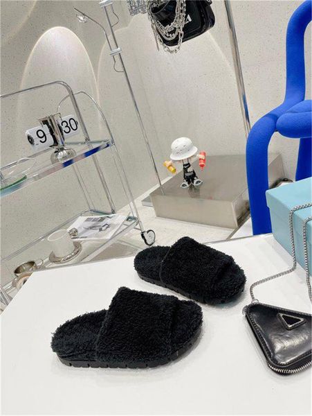 

women's slippers luxury comfortable slippers flat non-slip-style luxury fashion designer famous brand wool sleeper size 35-41, Black