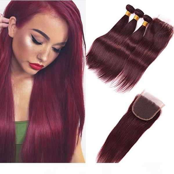 

#99j burgundy straight indian virgin hair 3 bundles with closure 4pcs lot 8a red wine human hair weave with 4x4'' lace closure, Black;brown