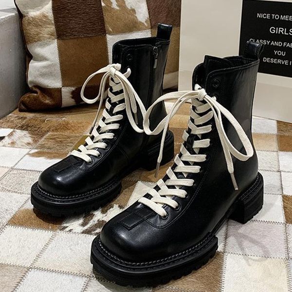 

boots women motorcycle black square head 2021 autumn comfortable woman shoes white lace-up pu female 69