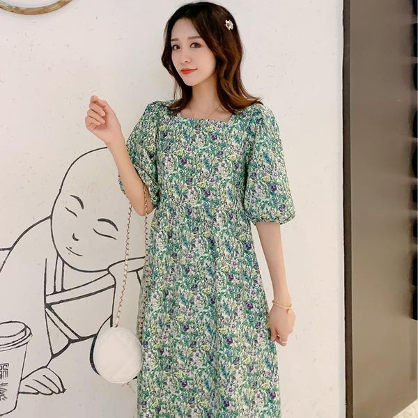 

maternity dresses 2021 summer pregnant women fashion flowers printing loose short lantern sleeve dress side split floral chiffin, White