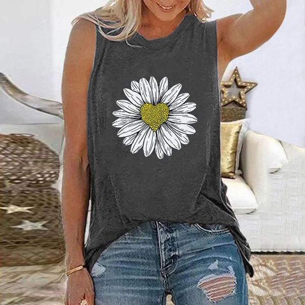 

women's t-shirt sunflowers print tank summer o-neck sleeveless casual loose vest t shirt women 2021 pullover graphic tshirt, White