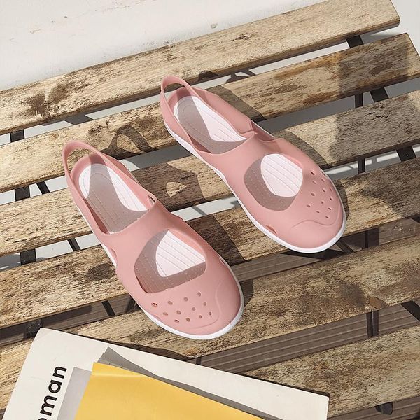 

summer new jelly shoes beach shoes ladies casual sandals wedge heel soft bottom flat heel hole shoe fish mouth open toe slippers, Black