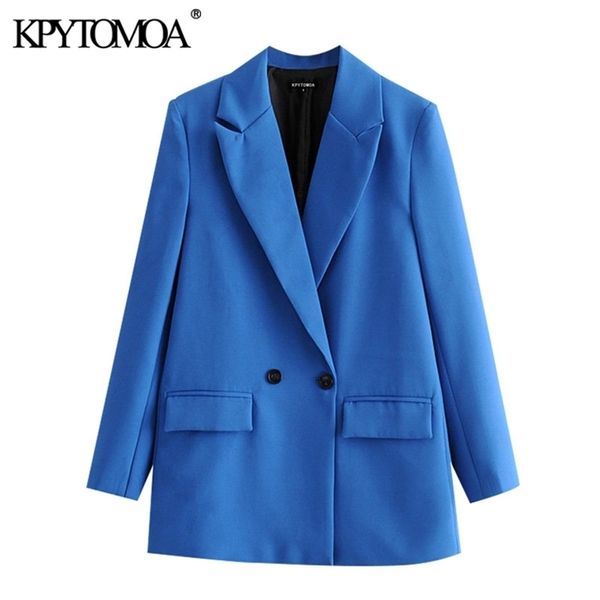 KPytomoa Mulheres Moda Escritório Desgaste Duplo Breasted Blazer Casaco Vintage Bolsos de Manga Longa Feminino Outerwear Chic Tops 211029