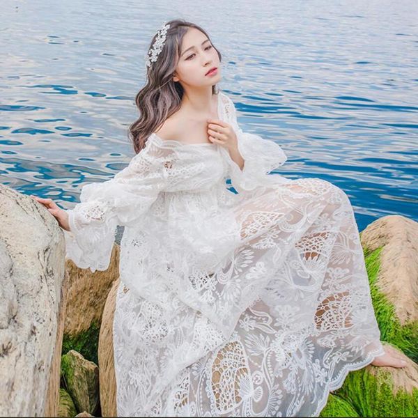 

casual dresses lolita woman sweet white lace slash neck dress off shoulder bohemian ankle-length temperament lady flare sleeve beach, Black;gray