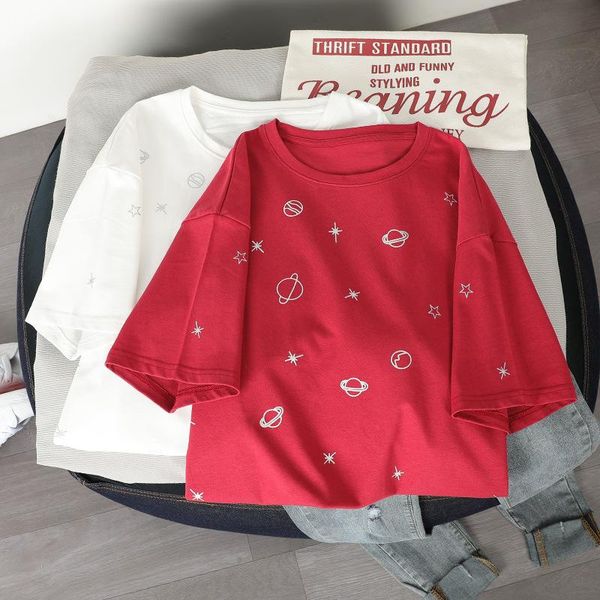 

women's t-shirt planet embroidery harajuku cotton fashion t shirts o neck short sleeve tee shirt casual women clothing l0690, White