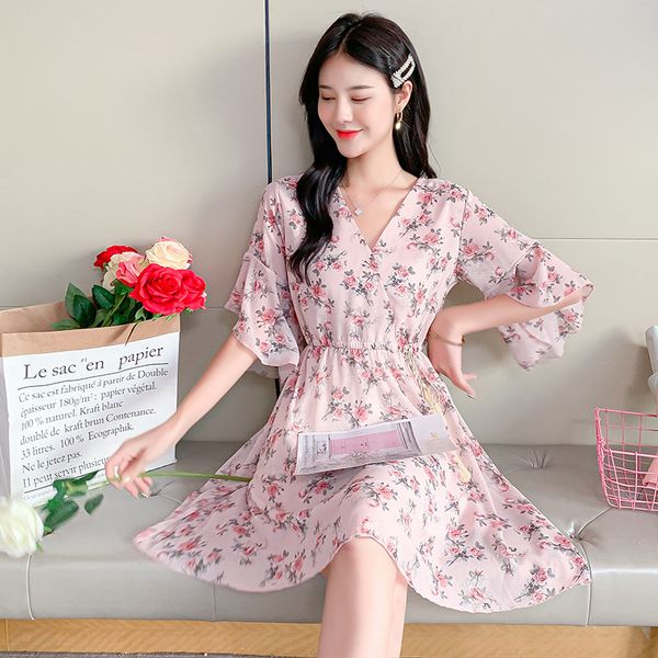 

2021 summer new mid-length v-neck lace-up waist printed loose chiffon dress dresses for women vintage dress korean dress, Black;gray