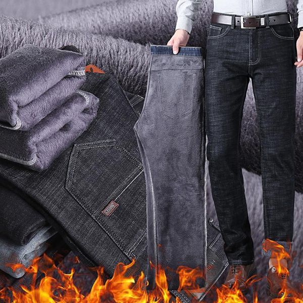 

men's jeans 2021 winter warm business casual elasticity thick slim denim pants brand trousers black plus size 40, Blue