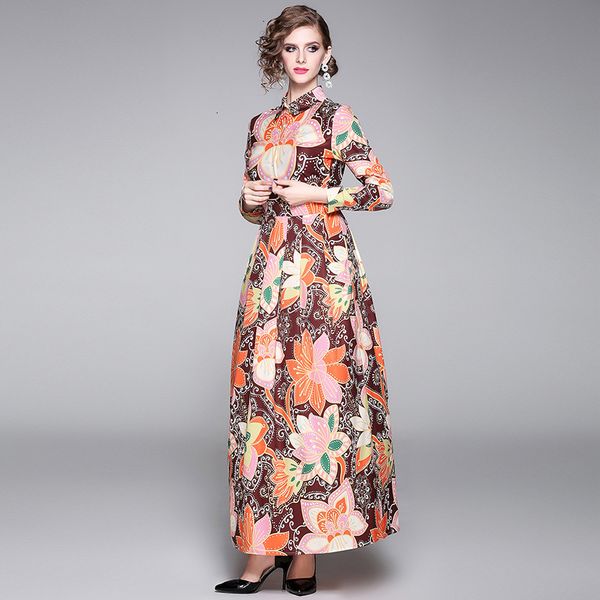 

2021 new autumn spring vintage maxi women casual wrist sleeve slim a-line long es elegant flower printed party ekvl, Black;gray