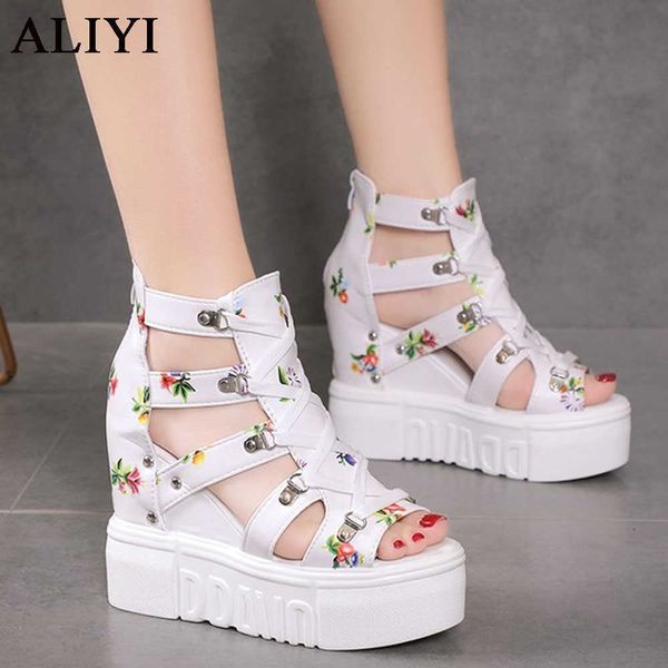 

fashion platform sandals women 2021 summer floral print hollow out ladies peep toe sandals party wedding dress wedge pumps y0721, Black