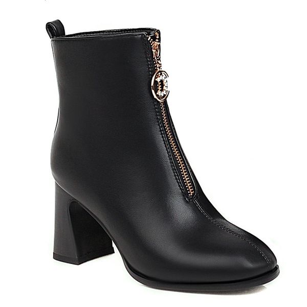 

decorative metal strap grain of tapered wood heel ankle plutonium boots square foot toe robust high heels v9sn, Black
