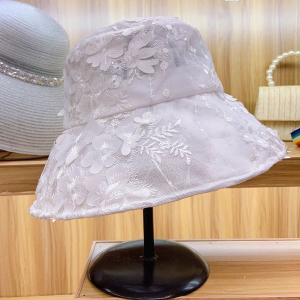 

2021 new lace flower wide brim white smmer for women uv50 foldable sun ladies wedding party derby hat silk fishing bucket cap yh9p, Blue;gray
