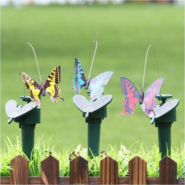 Kunststoff solarbetriebene fliegende Schmetterling Vogel Sonnenblume Garten Dekorationen Pfahl Ornament Dekor Schmetterlinge Kolibri Hof Dekoration lustige Spielzeuge WLL668