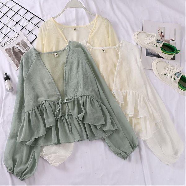 

women summer lantern batwing sleeve korean chiffon basic shirt ruffles elegant lady office cardigan pullover blouse m07, White