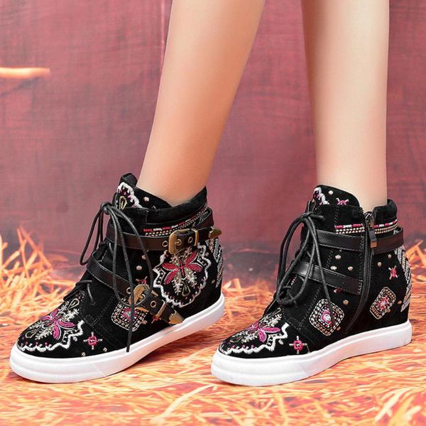 

boots sarairis fashion 2021 national style embroidered woman shoes belt buckle waterproof ankle ladies, Black
