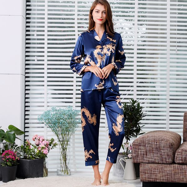 

2021 new women's pajama set spring summer silk turn down collar dragon print casual sleepwear ladies suit three bedrooms 6dvf, White