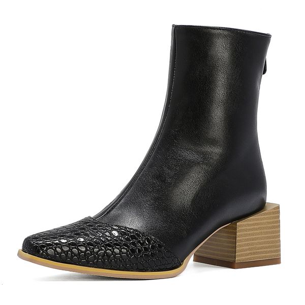 

imitation of wood lumber wedge stone grain women's boots square stripe ankle chunky fashion multicolored heel xpc9, Black