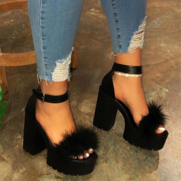 

sandals women summer high heel shoes strap fashion chunky heels party, Black