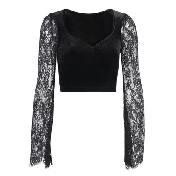 

women's t-shirt women gothic lace flare long sleeve deep v-neck velvet black vintage harajuku elegant clubwear, White