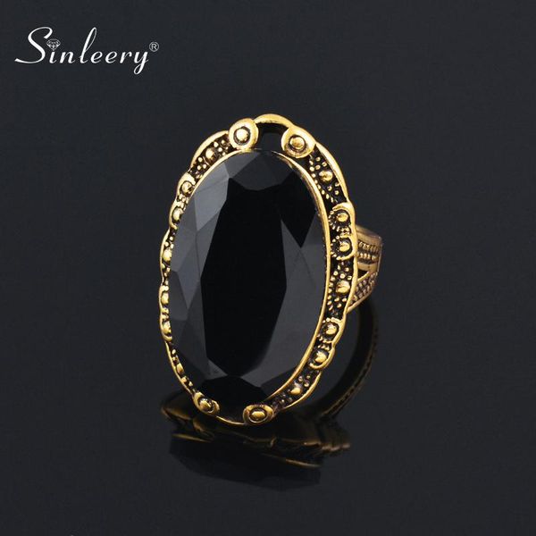 

cluster rings sinleery vintage big black oval stone for women size 6 7 8 9 10 antique gold color jewelry anel jz516 ssc, Golden;silver