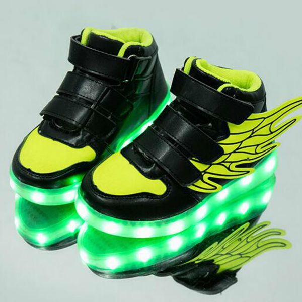

new usb charging glowing sneakers kids running led angel's wings kids with lights up luminous shoes girls' boys' shoes 210303, Black