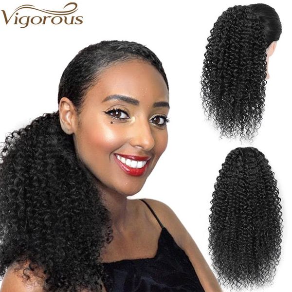 

synthetic wigs vigorous long afro curly ponytail hair piece for african american drawstring clip in, Black