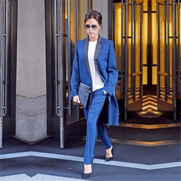 

women's suits & blazers blue black business formal office pant ladies work wear 2 piece sets slim designs long jacket +, White;black