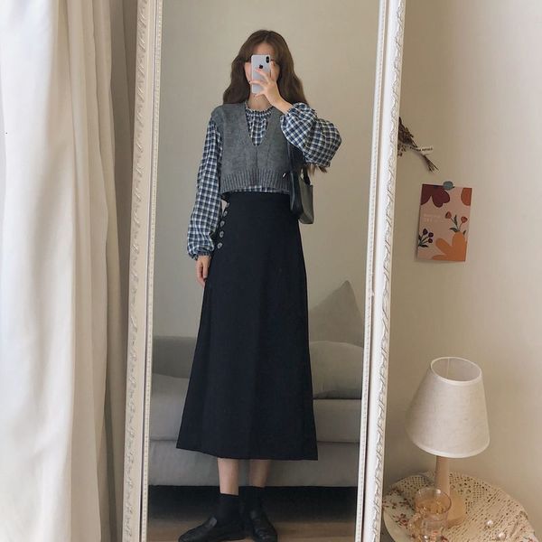 

women 2021 autumn winter new 3 piece set female plaid long sleeve blouse knit vest + high waist midi skirts casual sets a599jf9e, Black;gray