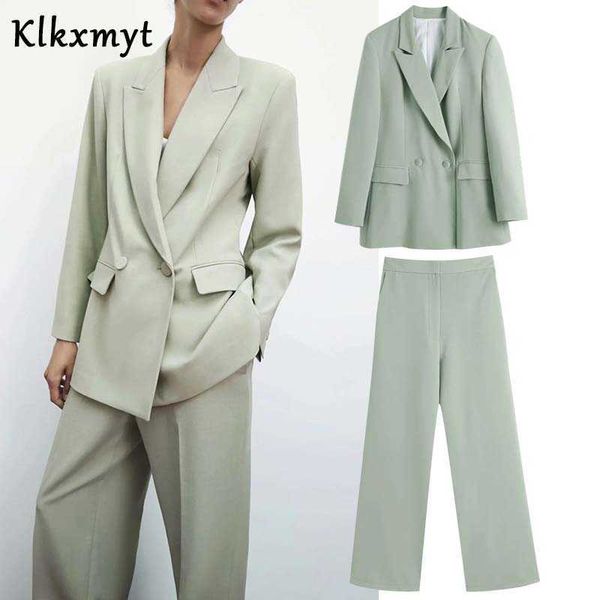 Klkxmyt Za Vintage 2 Stück Set Frauen Blazer Langarm Jacke Weibliche Büro Gerade Hosen Anzug Zwei Sets 210527