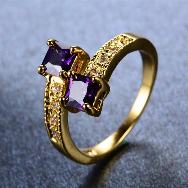 

wedding rings luxury female purple square crystal zircon ring fashion gold color unique style promise engagement for women, Slivery;golden