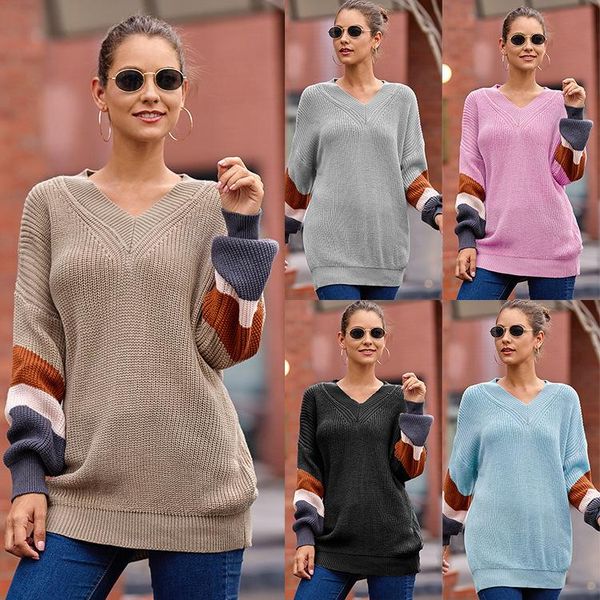 

women's sweaters 2021 winter sweater foreign trade v-neck lantern sleeve stripe color matching off the shoulder, White;black