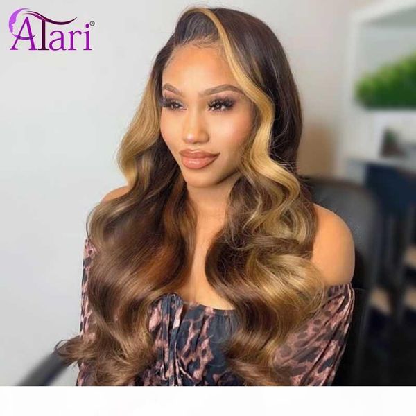 

ombre 4 27 colored human hair wigs transparent whole sale body wave lace front wig pre plucked brazilian wigs for black women, Black;brown