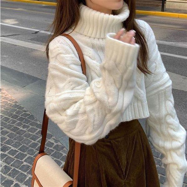 

women's sweaters turtleneck 2021 loose casual solid cropped sweater autumn winter warm lady knitted pullover sueter mujer, White;black