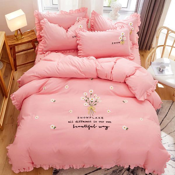 

korean solid color bed skirt four piece set of pure cotton bed sheet, ground hair bed cover, bedding group purchase