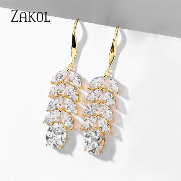 

dangle & chandelier zakol luxury clear color cubic zirconia leaf hook earrings for women wedding engagement party jewelry, Silver