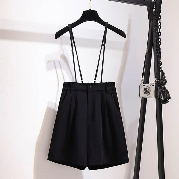 

women's shorts 150kg plus size summer college style strap 5xl 6xl 7xl 8xl 9xl loose solid elastic waist wide-leg black, White;black