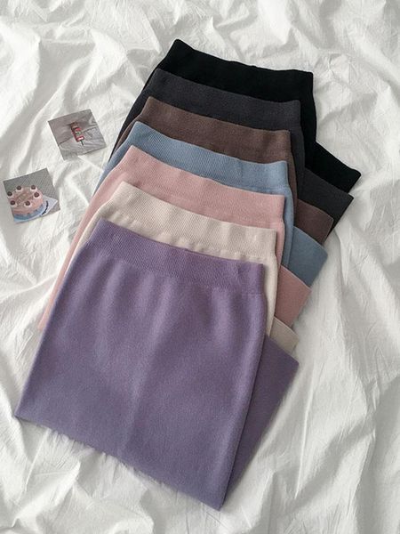 

skirts women's long solid color stretched knitted candy colors winter split midi womens jupe femme, Black