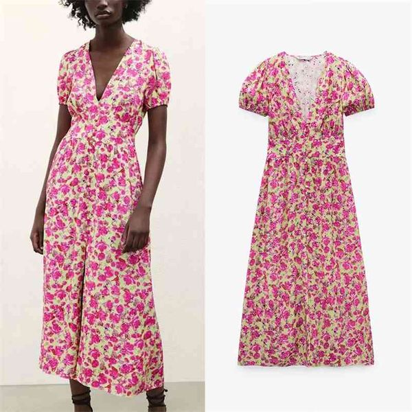 

za women dress flower full printing short sleeve casual party vestido elegant deep v-neck a-line girls street outfits 210623, Black;gray