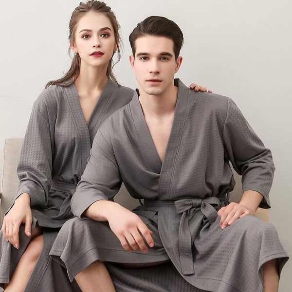 

spring summer bathrobes female thin waffle couple nightgown men and women three-quarter sleeves korean absorbent pijama nightie, Black;red