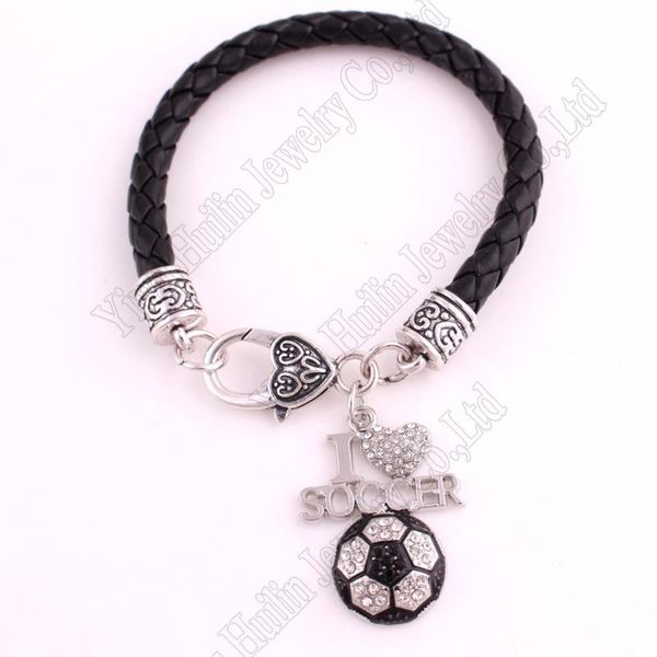 

charm bracelets fans favorite sports jewelry drop 0.95"*1.3" inches i love soccer 2d pendant leather chain lobster claw, Golden;silver