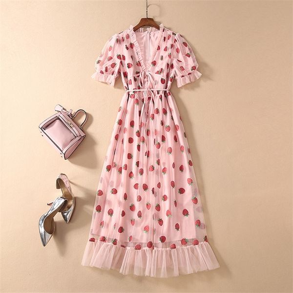 

runway rhinestone diamonds strawberry pink mesh maxi dress women short puff sleeve v-neck lace-up bow tunic lolita dress 210303, Black;gray
