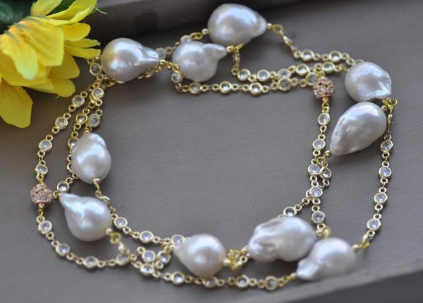 

chokers mctÂ·star z11072 33"-46" 25mm white baroque drop pearl cz chain necklace, Golden;silver
