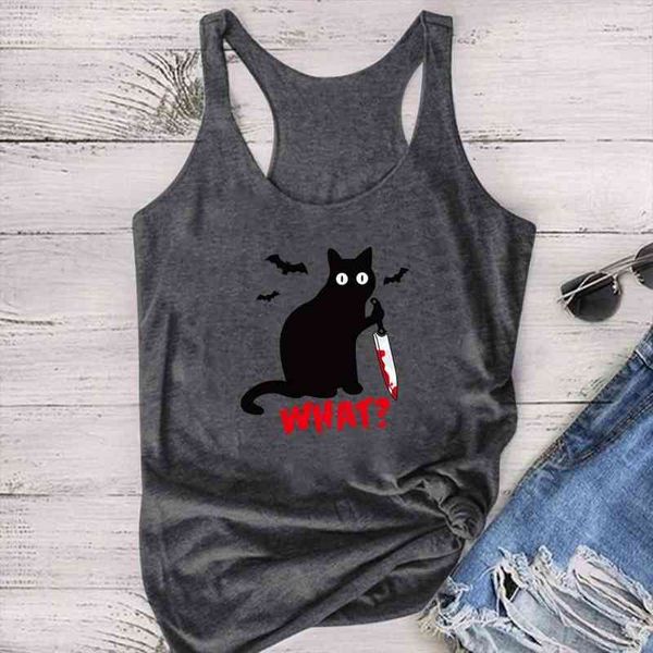 

gothic cat knife bats what printed tank women sleeveless graphic vest cotton crew neck tank loose female, White