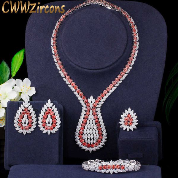 

4pcs full cubic zircon big bridal wedding earring necklace women dinner party costume jewelry set for brides t393 210714, Silver
